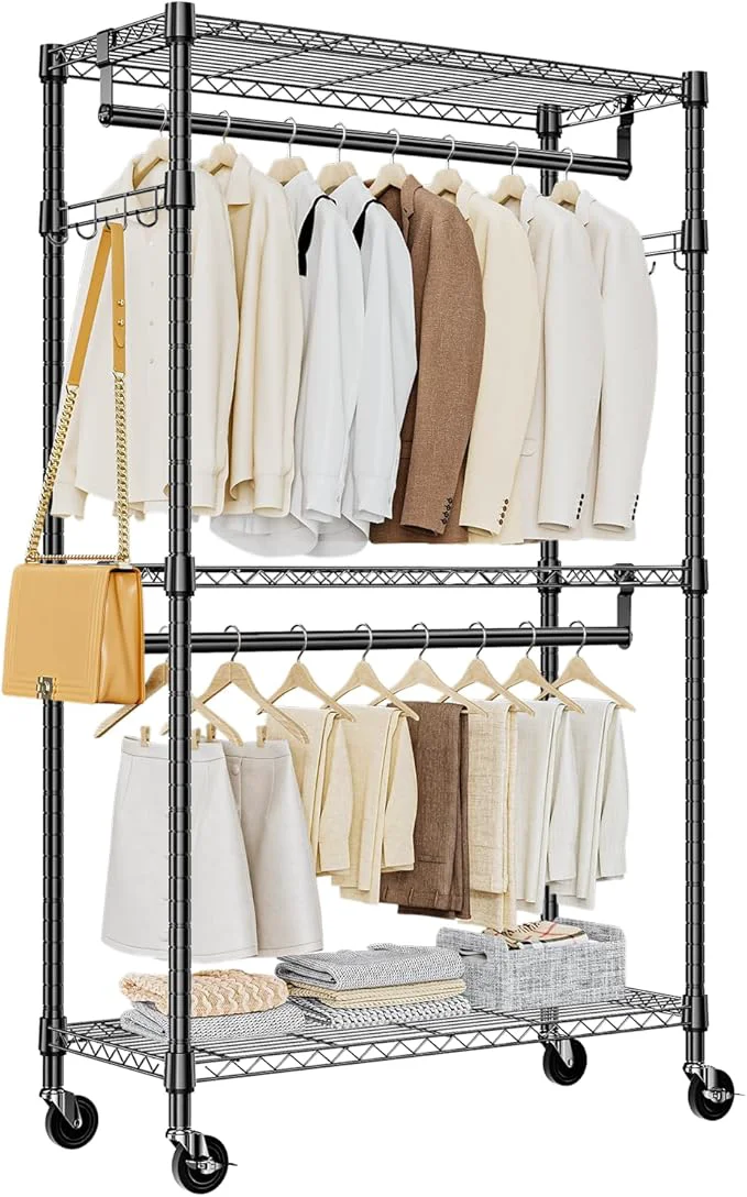 Responsible Heavy Duty Rolling Garment Rack 3 Tiers Adjustable Wire Shelving Clothes Rack with 2 Rods and Side Hooks Storage Closet Clothing Rack with Wheels Black 15.7 D x 29.5 W x 74.5 HAbout ThisOverview Fashionable