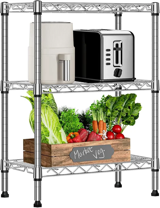 Exceptional 750 lbs 3 Tier Shelf Metal Storage Shelves Wire Rack Closet Organizers with PP Board for Garage Kitchen Bathroom Laundry Chrome 11.8 D x 21.7 W x 28.6 HAbout ThisOverview Functional