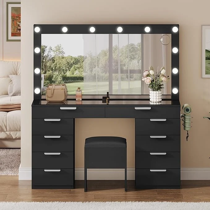 Safe YITAHOME 46 Glass Top Vanity Desk with Mirror with Lights Large Makeup Vanity Set with 10 Drawers Storage Stool Power Outlet Dressing Table with 3 Adjustable Light Modes Dressing Room BlackAbout ThisOverview Secure