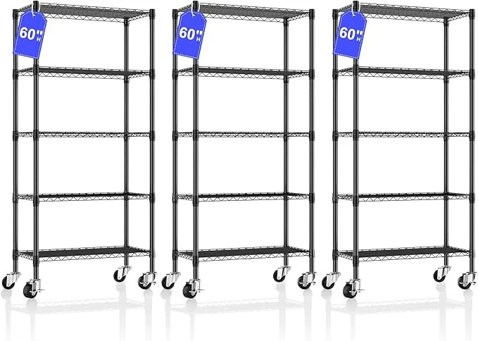 World-Class 3 Pack 5 Tier Shelving Unit Wire Rack Heavy Duty Adjustable Shelf Rolling Storage Shelves with Wheels 14 D x 30 W x 60 H 750 lbs Capacity Kitchen Garage Pantry Shelves for Small SpacesAbout ThisOverview Relaxed
