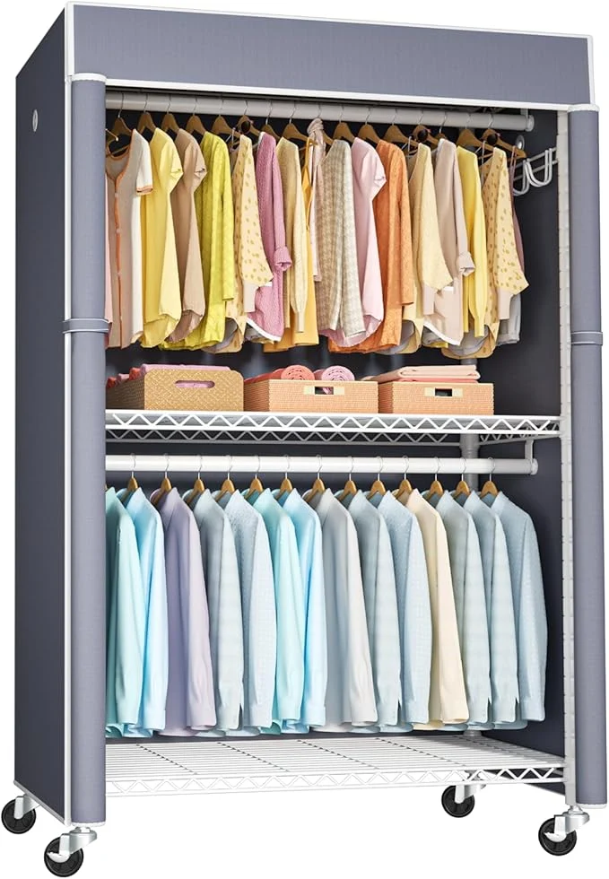 Stylish FUTASSI White Clothing Rack with Grey Cover P1C Plus Rolling Closets with Wheels Metal Garment Rack for Hanging Clothes Clothing Storage Wardrobe 46 W x 18.5 D x 80.7 H Load 524 PoundsAbout ThisOverview Superior
