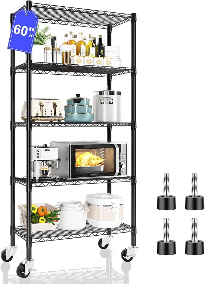 Sustainable 5 Tier Shelving Unit Wire Rack Heavy Duty Adjustable Shelf Rolling Storage Shelves with Wheels 14 D x 30 W x 60 H 750 lbs Capacity Kitchen Garage Pantry Shelves for Small SpacesAbout ThisOverview Quality