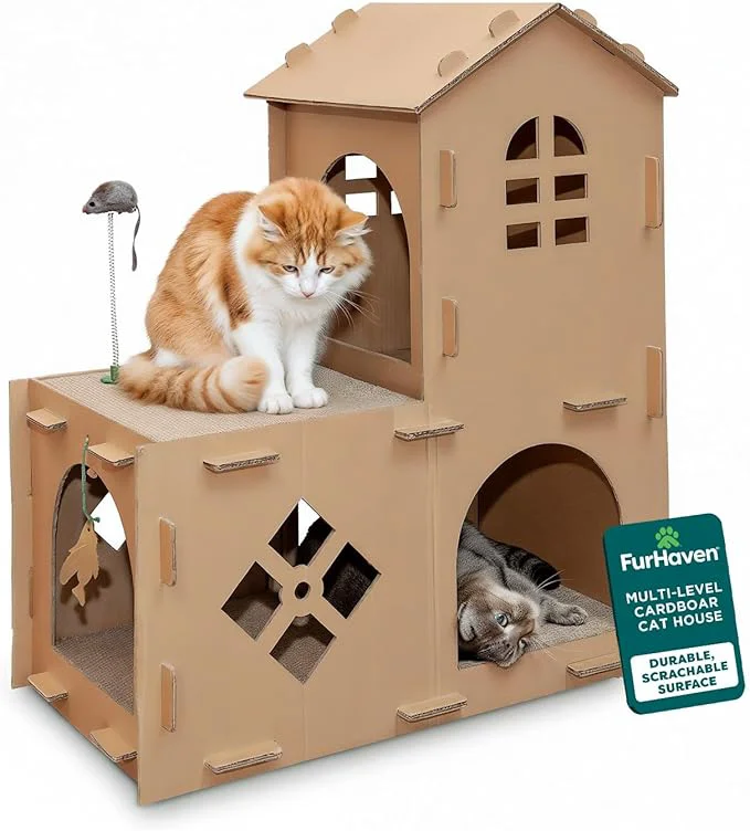 Functional FurHaven Farmhouse Multi-Level Cardboard Cat House Premium Material