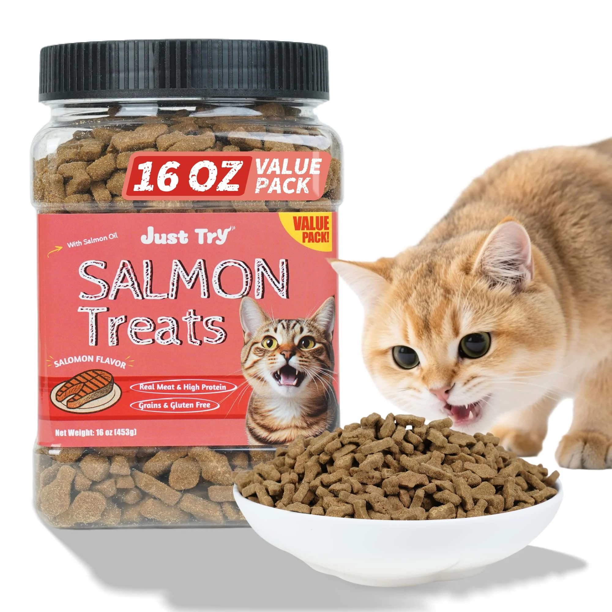 Lightweight Just Try 16 OZ Salmon Cat Treats for Indoor Cats — Crunchy Dental Care Omega-3 Skin Coat Health User-Friendly