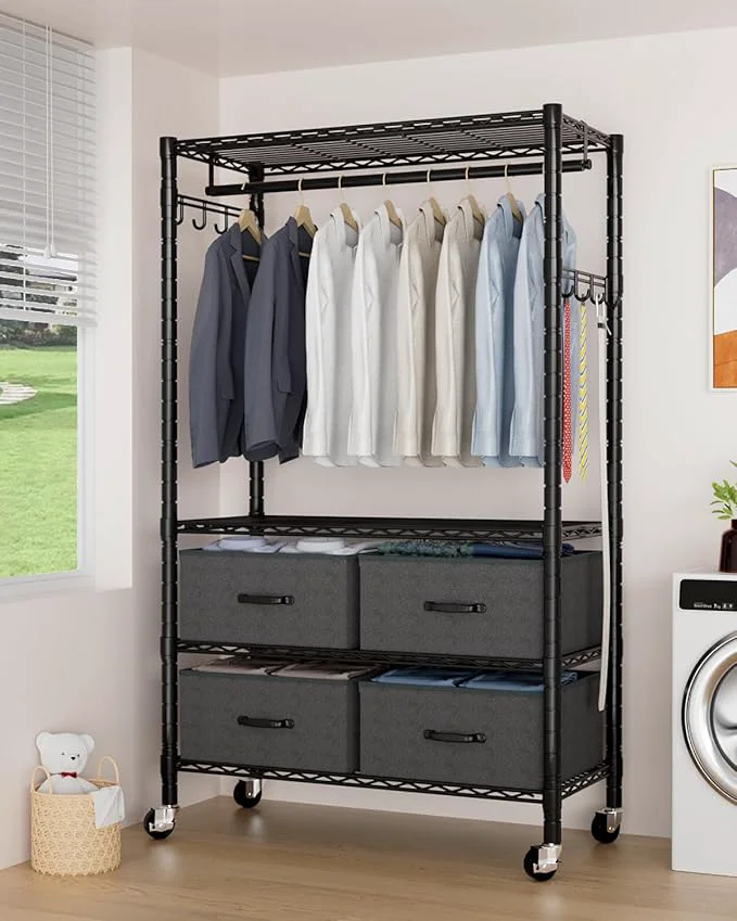 Sustainable Clothes Rack Heavy Duty Clothing Rack for Hanging Clothes 4-Tier Adjustable Closet Organizer with 4 Drawers Hanging Rod Side Hooks Load 445lbs 15.7 D x 35.4 W x 74.1 HAbout ThisOverview Trendy