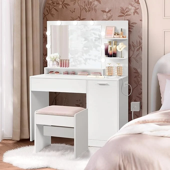 Innovative VASAGLE Vanity Desk with Mirror and Lights 43.3-Inch Wide Makeup Vanity with Upholstered Vanity Stool Power Outlets Dimmable LED Lights Storage Drawer for Bedroom Cloud White URDT628W01About ThisOverview Breathable