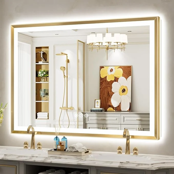 Crafted 55x40 Gold Framed LED Bathroom Mirror with Lights Backlit and Front Light Lighted Bathroom Vanity Mirror for Wall Dimmable Anti-Fog Memory Tempered Glass Horizontal VerticalAbout ThisOverview Quality