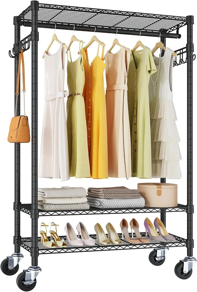 Premium Material VIPEK R3 Heavy Duty Garment Rack with Lockable Wheels Portable Rolling Closet with Adjustable Shelves Hanging Rod Side Hooks Compact Space-Saving Storage for Small Apartments Dorms Black About ThisOverview Fashionable