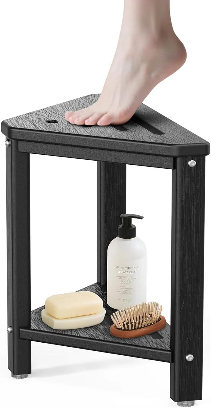 Crafted Shower Foot Rest 15in HDPE Waterproof Shower Stool for Inside Shower Corner Shower Stool for Shaving Legs with Storage Shelf for Small Space Shower Step Stool Plastic Corner Shower Bench BlackAbout ThisOverview Versatile