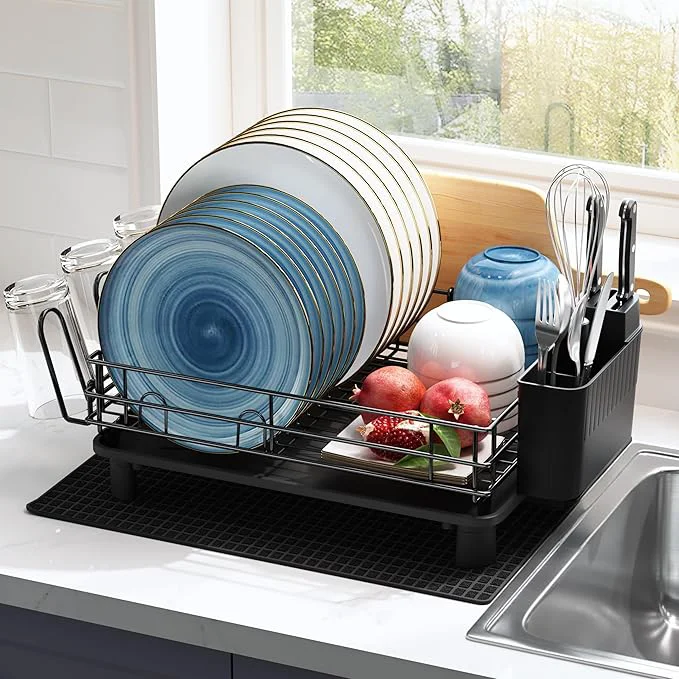 Comfortable JASIWAY Stainless Steel Black Dish Drainers Drying Rack for Kitchen Counter with Drainboard Rust Proof Metal Space Saving Modern Aesthetic Compact Plates Dryer Strainers with Tray and Extra MatAbout ThisOverview Sustainable