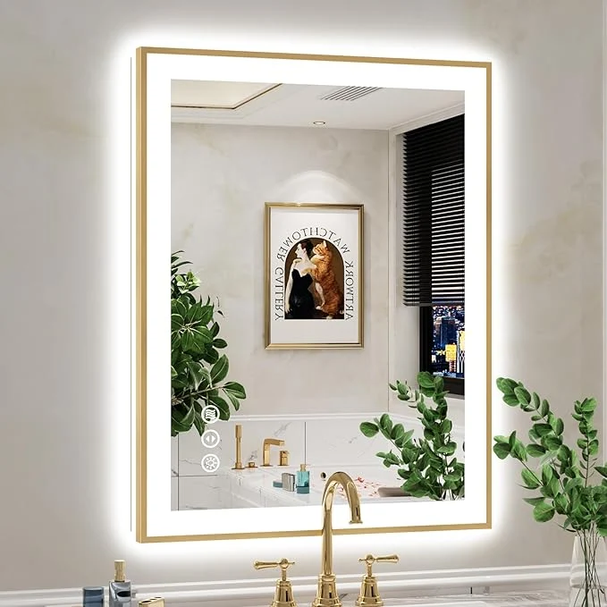 Practical 28x36 Inch LED Bathroom Mirror with Lights Front Lit and Backlit Gold Framed Lighted Vanity Mirror for Bathroom Wall Dimmable Anti-Fog Memory Tempered Glass Horizontal VerticalAbout ThisOverview Trusted
