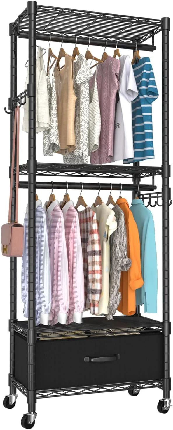 Smooth Clothes Rack Clothing Rack for Hanging Clothes 4 Tiers Adjustable Closet Organizer System with Drawer Double Rods Side Hooks Load 445lbs 23 L x 13.18 W x 78.74 H BlackAbout ThisOverview Versatile