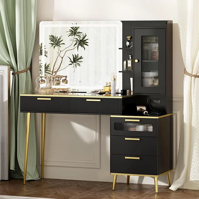 Trendy 47.24 Big Modern Vanity Desk with Mirror and Lights Makeup Vanity Desk with 5 Drawers and Storage Shelves Power Outlet Dressing Table with Glass Top BlackAbout ThisOverview Crafted
