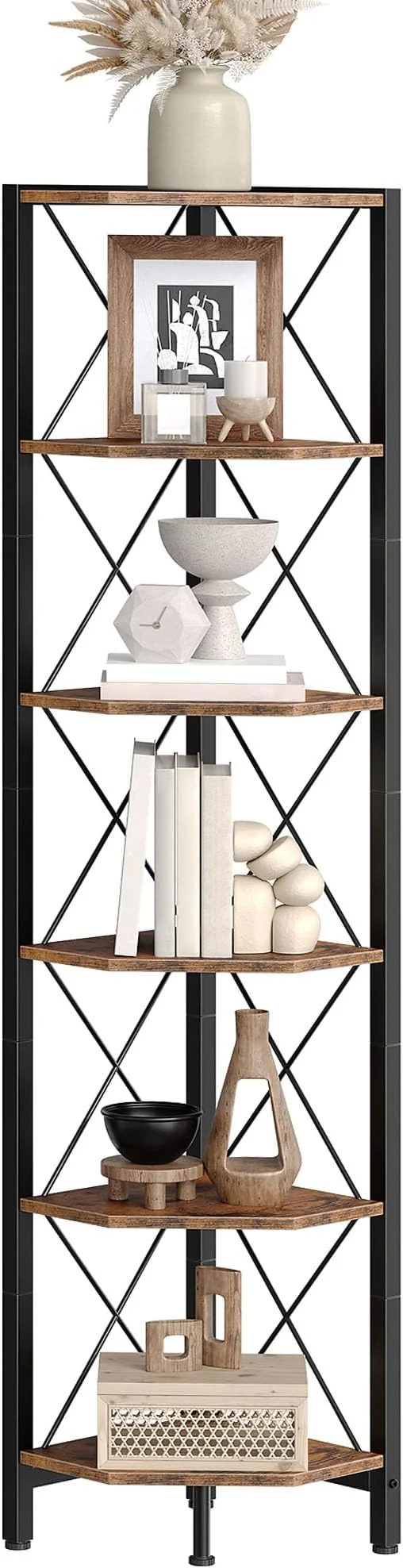 Clean 6-Tier Corner Shelf Corner Bookcase 66.9 Tall Vertical Display Rack Plant Stand Open Storage Shelf for Living Room Bedroom Study Kitchen Rustic Brown and Black TCJ13BFAbout ThisOverview Secure