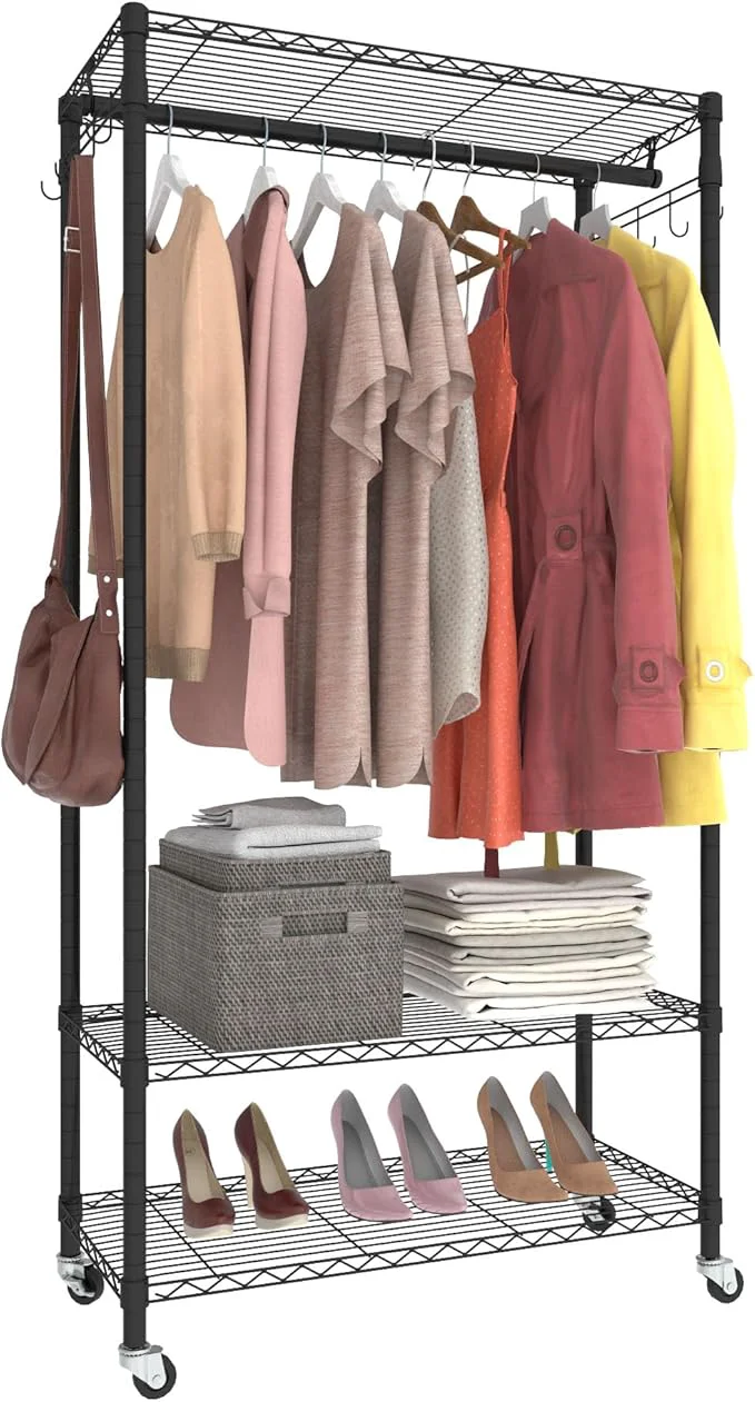 Comfortable Rolling Portable Garment Rack standing Clothes Racks Portable Closet Wardrobe with 3 Adjustable Wire shelves 2 Side Hooks BlackAbout ThisOverview Consistent