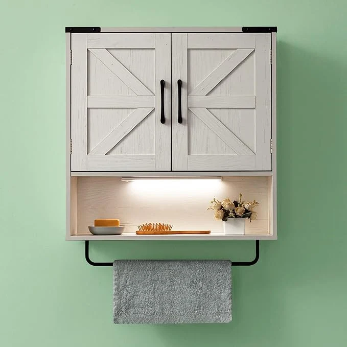 Efficient Bathroom Wall Cabinet Over Toilet 24x24 Inch Farmhouse Medicine Cabinet with Towel Bar 2 Door Motion Sensor Light Adjustable Shelves White Above Toilet Storage for Laundry or KitchenAbout ThisOverview Eco-Friendly