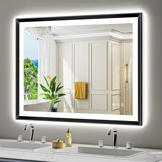 Elegant 44x32 Black Framed LED Bathroom Mirror with Lights Backlit and Front Light Lighted Bathroom Vanity Mirror for Wall Dimmable Anti-Fog Memory Tempered Glass Horizontal VerticalAbout ThisOverview Fine