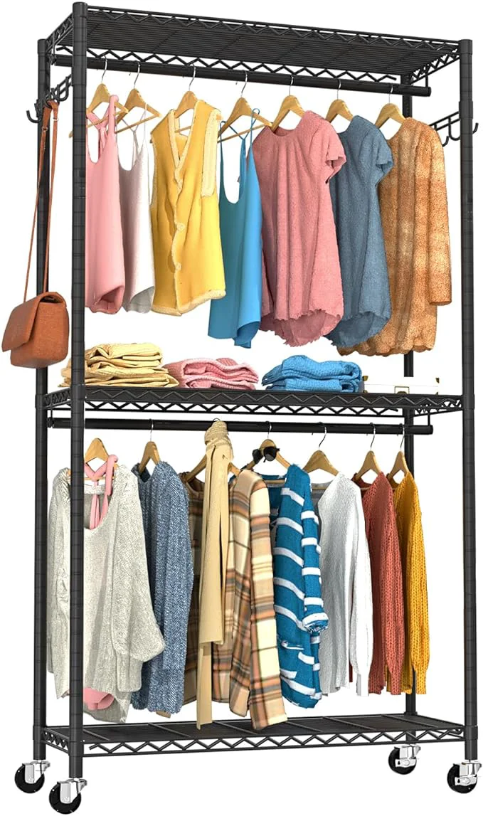 Trusted Clothes Rack Clothing Racks for Hanging Clothes 3 Tiers Adjustable Garment Rack with Wheels Double Rods Side Hooks Heavy Duty Load 445lbs 15.7 D x 35.43 W x 78.34 H BlackAbout ThisOverview Prestigious