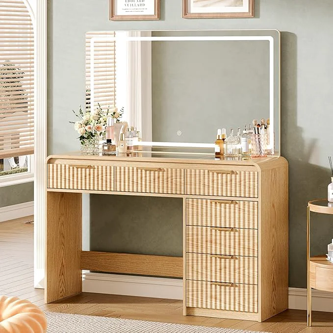 Sustainable 47 Makeup Vanity Desk with 44.8 Mirror and Lights Vanity Desk with 7 Drawers Makeup Vanity Table with a Glass Tabletop 3 Color Modes Adjustable Brightness Dressing Table Bedroom OakAbout ThisOverview Solid