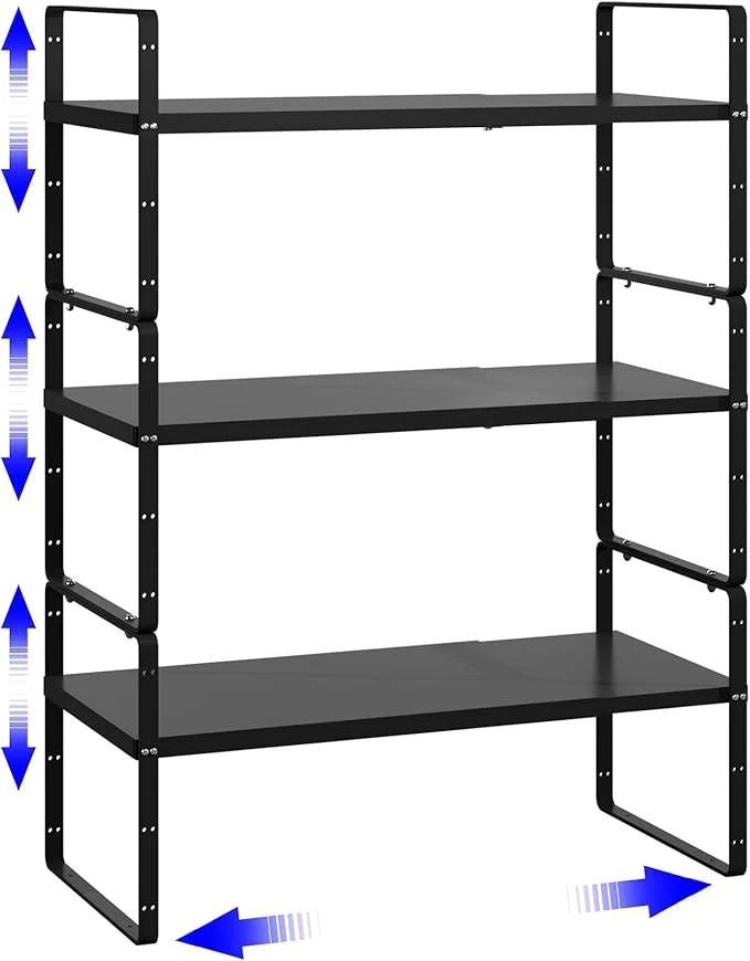 Convenient Expandable Cabinet Shelf Organizer Stackable Kitchen Pantry Counter Storage Adjustable Cupboard Stand Rack Risers Spice Organization Heavy Duty Black Small 3 PackAbout ThisOverview High-Quality
