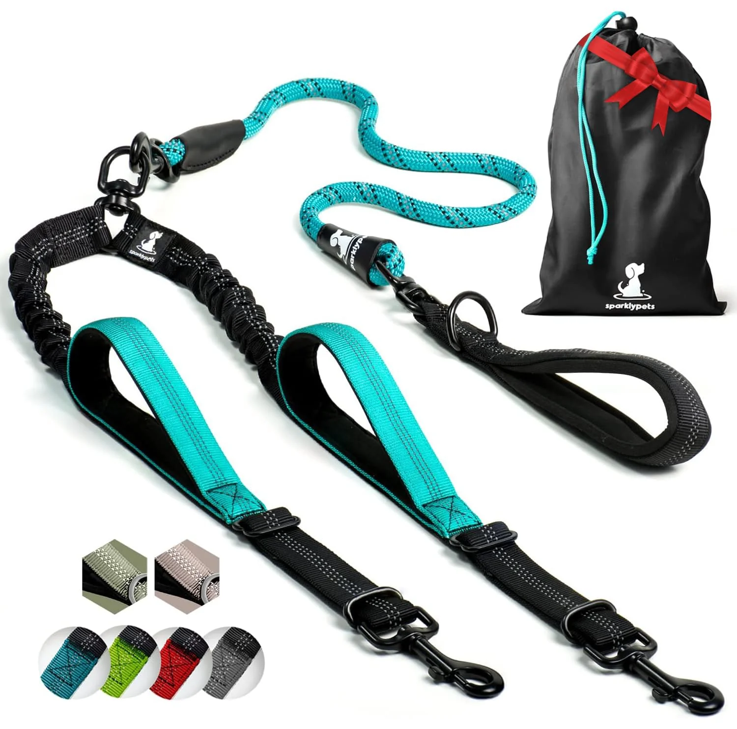 World-Class SparklyPets Double Dog Leash for 2 Dogs – Padded Handles Tangle- Rope Bungee Teal Medium Large Certified