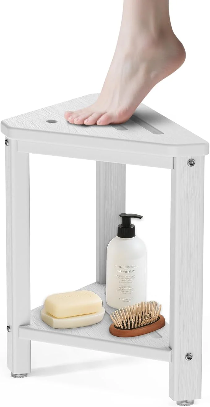Fine Crafted Shower Foot Rest 15in HDPE Waterproof Shower Stool for Inside Shower Corner Shower Stool for Shaving Legs with Storage Shelf for Small Space Shower Step Stool Plastic Corner Shower Bench WhiteAbout ThisOverview Lightweight
