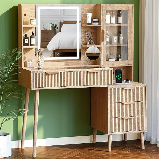 Fluted Vanity Desk with Mirror and Lights 5 Drawers Glass Top Makeup Vanity with 10 Storage and 9-Grid Organizer 3 Color Clear Glass Door Dressing Table with Charging Station Natural OakAbout ThisOverview Premium Material