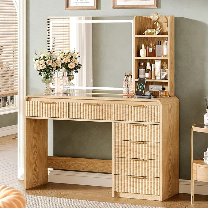 Versatile 47 Makeup Vanity Desk with Mirror and Lights Vanity Desk with 7 Drawers Storage Shelves Vanity Table with Power Outlet 3 Color Modes Adjustable Brightness Dressing Table Bedroom WoodAbout ThisOverview First-Class