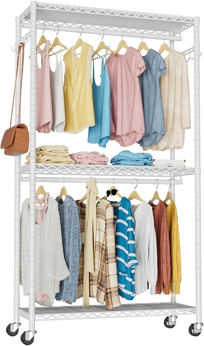 Trusted Clothes Rack Clothing Rack for Hanging Clothes 3 Tiers Adjustable Heavy Duty Closet Organizer with Wheels Double Rods Side Hooks Load 445lbs 35.43 L x 15.7 W x 78.34 H WhiteAbout ThisOverview Fashionable