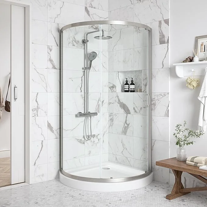 Premium Material OVE Decors Breeze 32 in. Corner Shower Clear Sliding Door with Base in Satin Nickel FinishAbout ThisOverview Carefully Designed