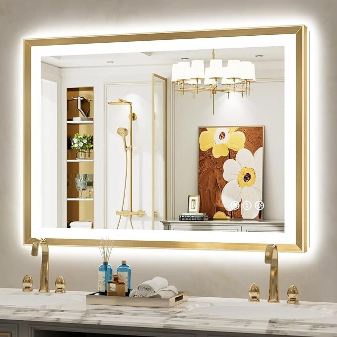 Fine 44x32 Gold Framed LED Bathroom Mirror with Lights Backlit and Front Light Lighted Bathroom Vanity Mirror for Wall Dimmable Anti-Fog Memory Tempered Glass Horizontal VerticalAbout ThisOverview Traditional