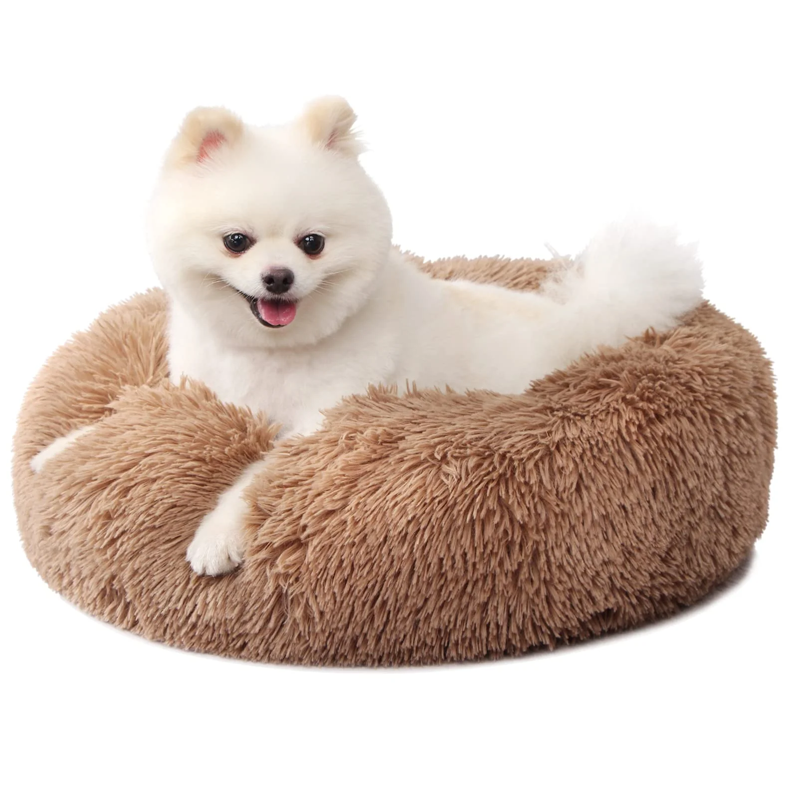 Reliable Nononfish Small Puppy Bed 19in Round Donut Washable Faux Fur Bed for Small Dogs Cats – Camel Recyclable