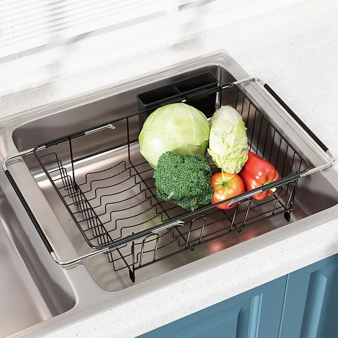 Certified JASIWAY Dish Drying Rack in Sink Over The Sink Colander Strainer Basket Stainless Steel Strainer Basket with Expandable Rubber Grip Handles for Vegetables Fruits Home Kitchen Essentials BlackAbout ThisOverview Sophisticated