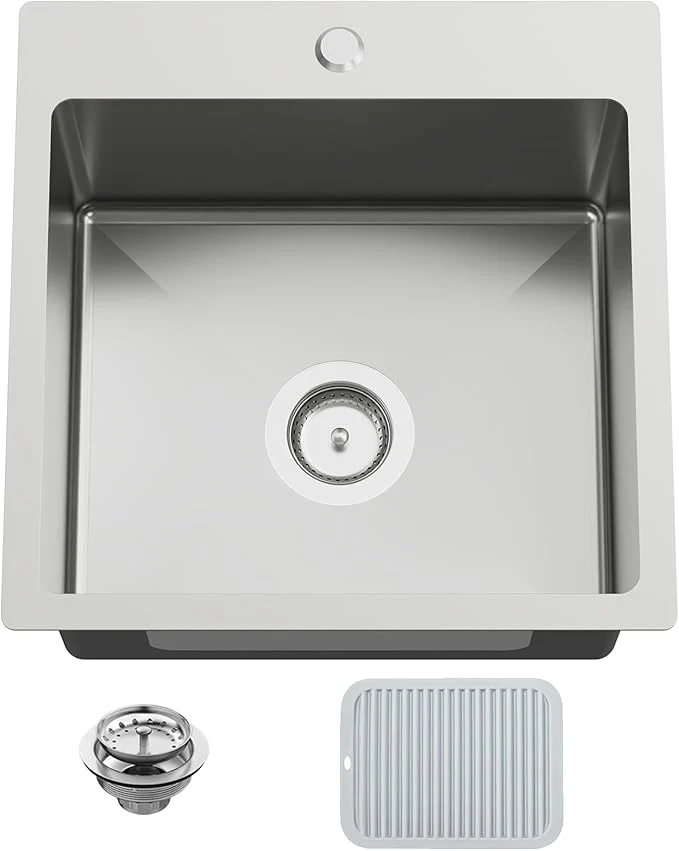 User-Friendly 18x18 In Drop In Kitchen And Bar Sink- Stainless Steel Drop In Kitchen Sink Modern Single Bowl Topmount Bar Sink With Silicon Mat Drain Strainer Set Compatibility With Various Kitchen Bar StyleAbout ThisOverview Premium Material