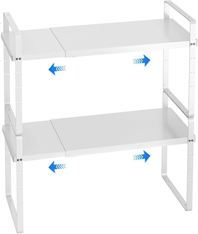 Premium Expandable Cabinet Shelf Organizer Stackable Kitchen Pantry Counter Storage Adjustable Closet Cupboard Stand Rack Risers Spice Organization 80LBS Heavy Duty White 2 PackAbout ThisOverview Lightweight