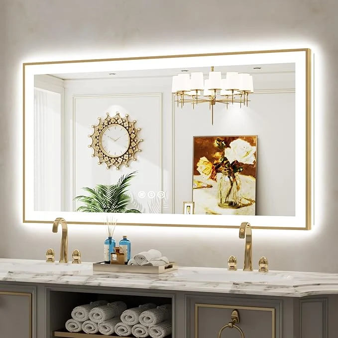 Excellent 55x30 Inch LED Bathroom Mirror with Lights Front Lit and Backlit Gold Framed Lighted Vanity Mirror for Bathroom Wall Dimmable Anti-Fog Memory Tempered Glass Horizontal VerticalAbout ThisOverview Healthy