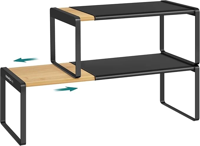 Official SONGMICS HOME Spice Racks Expandable Cupboard Shelf Orgnizers Kitchen Counter Shelves Bamboo and Metal Space-Saving Shelving Stackable Light Bamboo and Ink Black UKCS051B01About ThisOverview Optimized