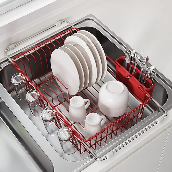 Long-Lasting JASIWAY Dish Drying Rack in Sink Red Dish Dryer Racks Over Sink Dishes Drainers for Kitchen Sink Stainless Steel Plates Drying Rack with Utensil Holder Cups HolderAbout ThisOverview Flexible