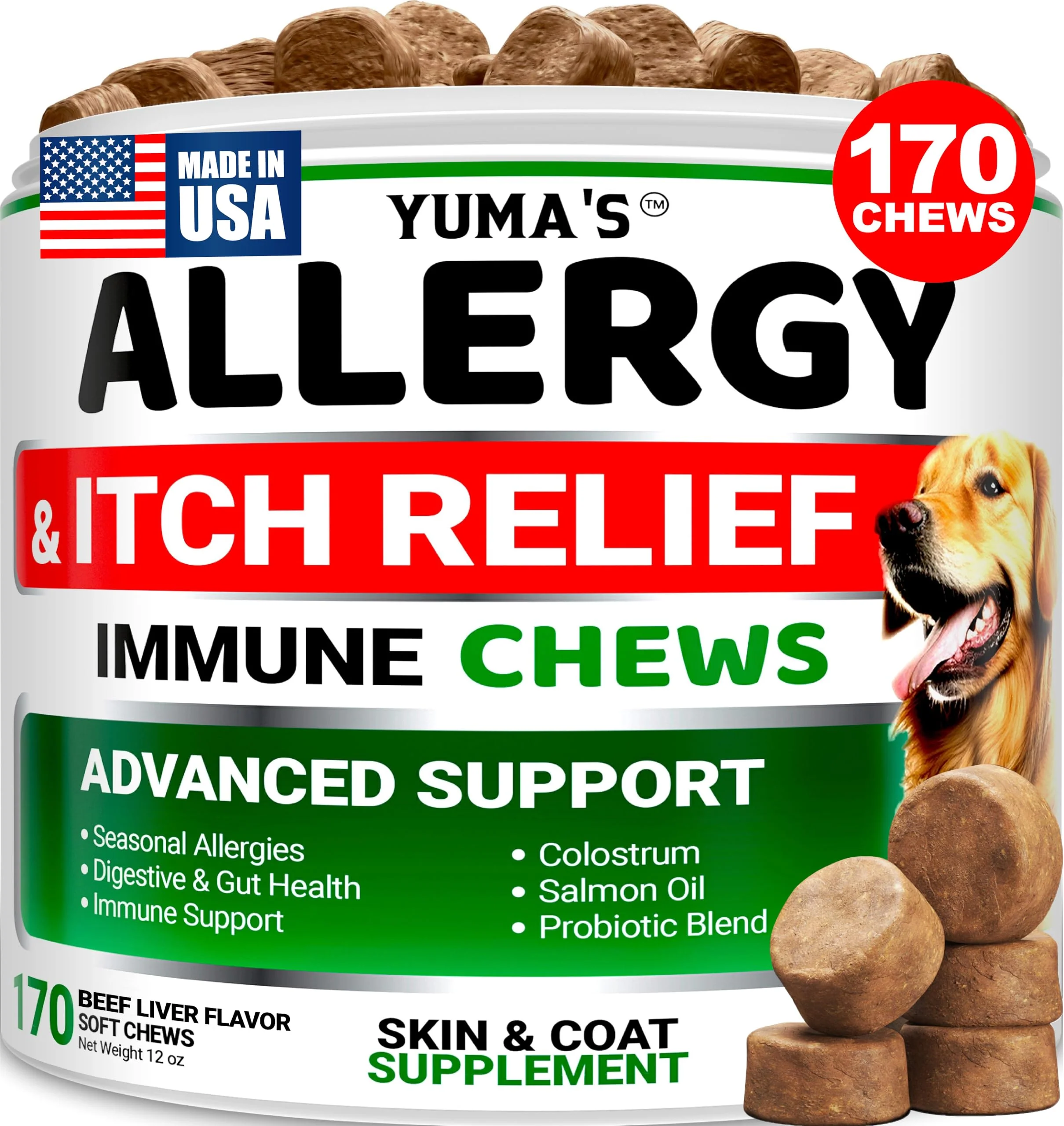 Exclusive YUMA'S Dog Allergy Relief Chews – 170 Beef Liver Flavored Treats for Itch Hot Spots Coat Support High-Grade