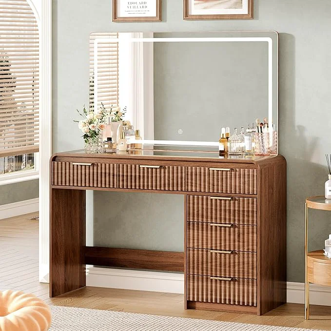 Enhanced 47 Makeup Vanity Desk with 44.8 Mirror and Lights Vanity Desk with 7 Drawers Makeup vanity table with a glass tabletop 3 Color Modes Adjustable Brightness Dressing Table Bedroom WalnutAbout ThisOverview Breathable