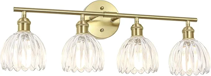Comfortable Vintage Bathroom Light Fixtures 4-Light Hardwired Vanity Lights Over Mirror Gold Wall Sconces with Clear Tulip Glass Shade for Bathroom Living Room E26 Socket Bulbs Not Included About ThisOverview Responsible