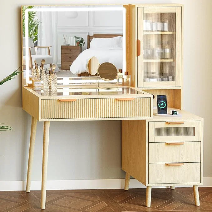 Environmentally Friendly Fluted Makeup Vanity Desk with Mirror and Lights 5 Drawers Glass Top Makeup Vanity with 4 Storage and 9-Grid Organizer 3 Color Ribbed Glass Dressing Table with Charging Station Light OakAbout ThisOverview Soft