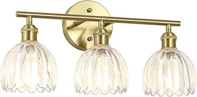 Elegant Vintage Bathroom Light Fixtures 3-Light Hardwired Vanity Lights Over Mirror Gold Wall Sconces with Clear Tulip Glass Shade for Bathroom Living Room E26 Socket Bulbs Not Included About ThisOverview Fine Crafted