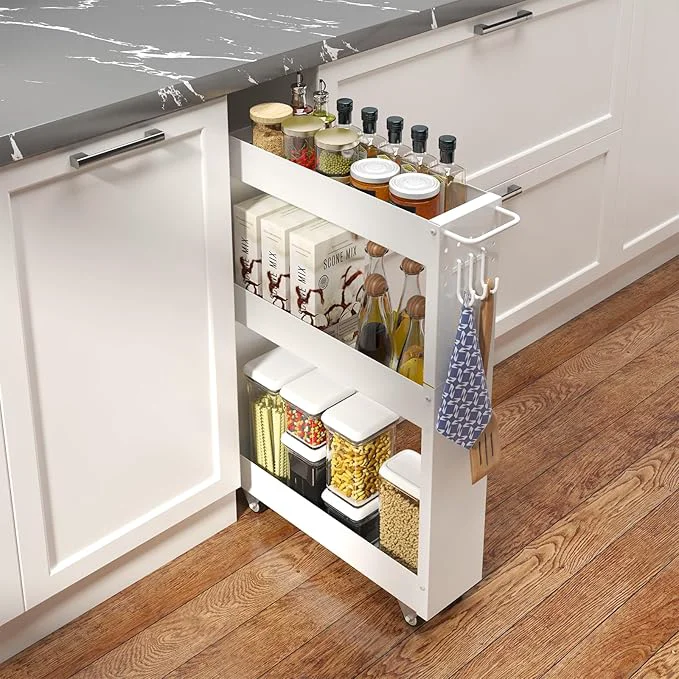 Soft Slim Storage Cart 5 in Width 3-Tier White Rolling Cart with Handle for Kitchen Bathroom Laundry Narrow PlacesAbout ThisOverview Minimalist