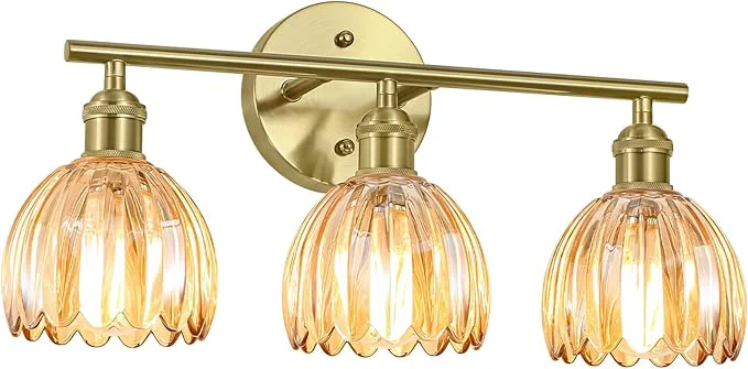 Dependable Vintage Bathroom Light Fixtures 3-Light Hardwired Vanity Lights Over Mirror Gold Wall Sconces with Amber Tulip Glass Shade for Bathroom Living Room E26 Socket Bulbs Not Included About ThisOverview Original Design