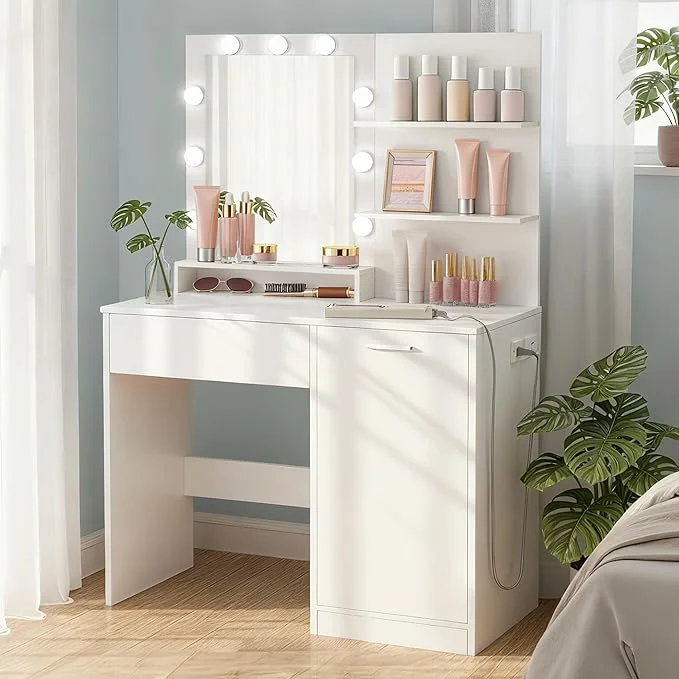 Safe VASAGLE Kailyn Collection - Vanity Desk with Power Outlets and LED Lights 35.4-Inch Wide Makeup Table with Mirror Drawer and Cabinet for Bedroom Cloud White URDT128WB01V1SAbout ThisOverview Advanced