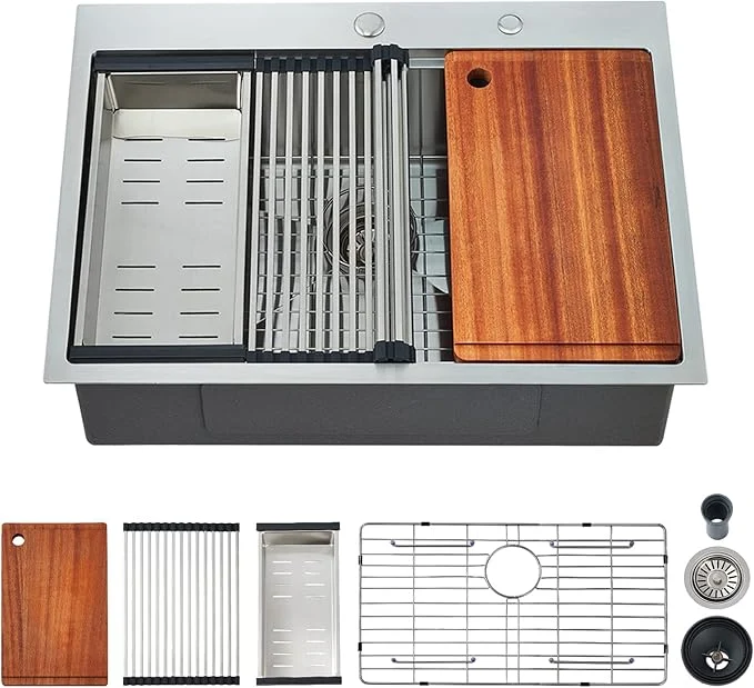 Solid 25 x 22 Inch Kitchen Sink Drop In Stainless Steel Single Bowl Workstation Sink with Cutting Board for Kitchen Laundry Utility RoomAbout ThisOverview Optimized
