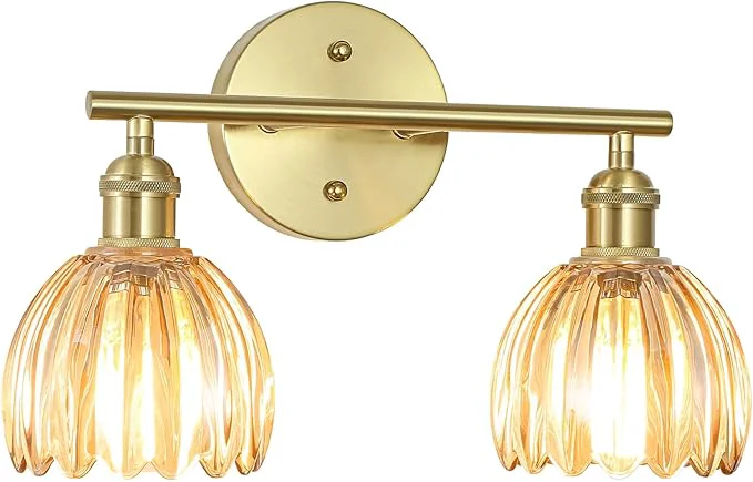 Relaxed Vintage Bathroom Light Fixtures 2-Light Hardwired Vanity Lights Over Mirror Gold Wall Sconces with Amber Tulip Glass Shade for Bathroom Living Room E26 Socket Bulbs Not Included About ThisOverview Original Design