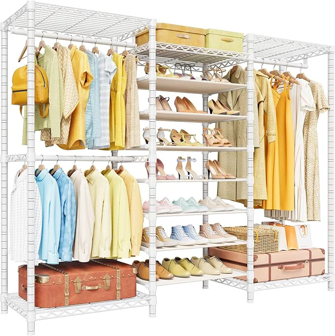 Reliable E16 Heavy Duty Clothing Rack（With 7-Tier Adjustable Shoe Rack） standing Clothes Rack for Hanging Clothes，Metal Closet Storage Organizer Large Wardrobe，69'' W x 15.8'' D x 76.2'' H，WhiteAbout ThisOverview Elite