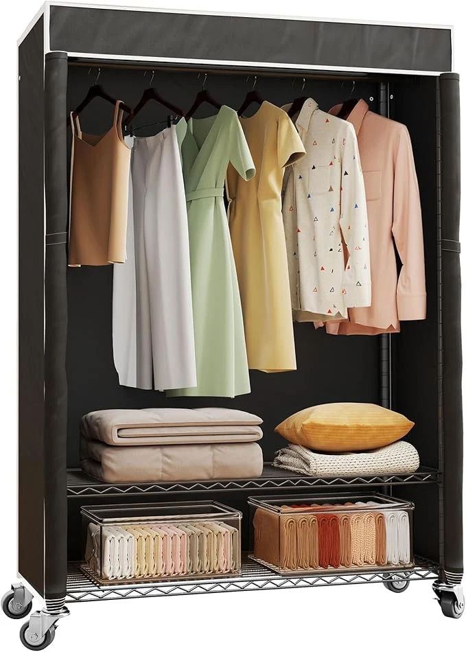 High-Performance H4 Plus Rolling Garment Rack with Cover Heavy Duty Clothes Rack with Wheels Portable Closet for Hanging Clothes Wardrobe Closets Organizer Storage Black Closet Rack with Black Fabric CoverAbout ThisOverview Refined